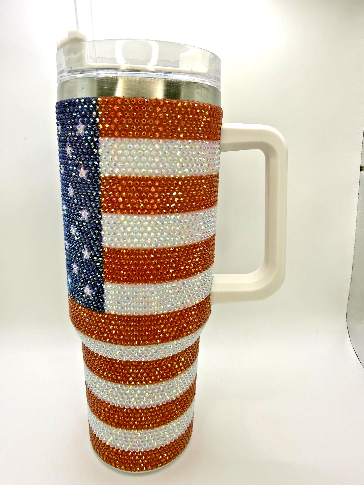 🇺🇸USA 🇺🇸 Rhinestone American Flag Tumbler With Handle & Lid 40 Oz Stainless