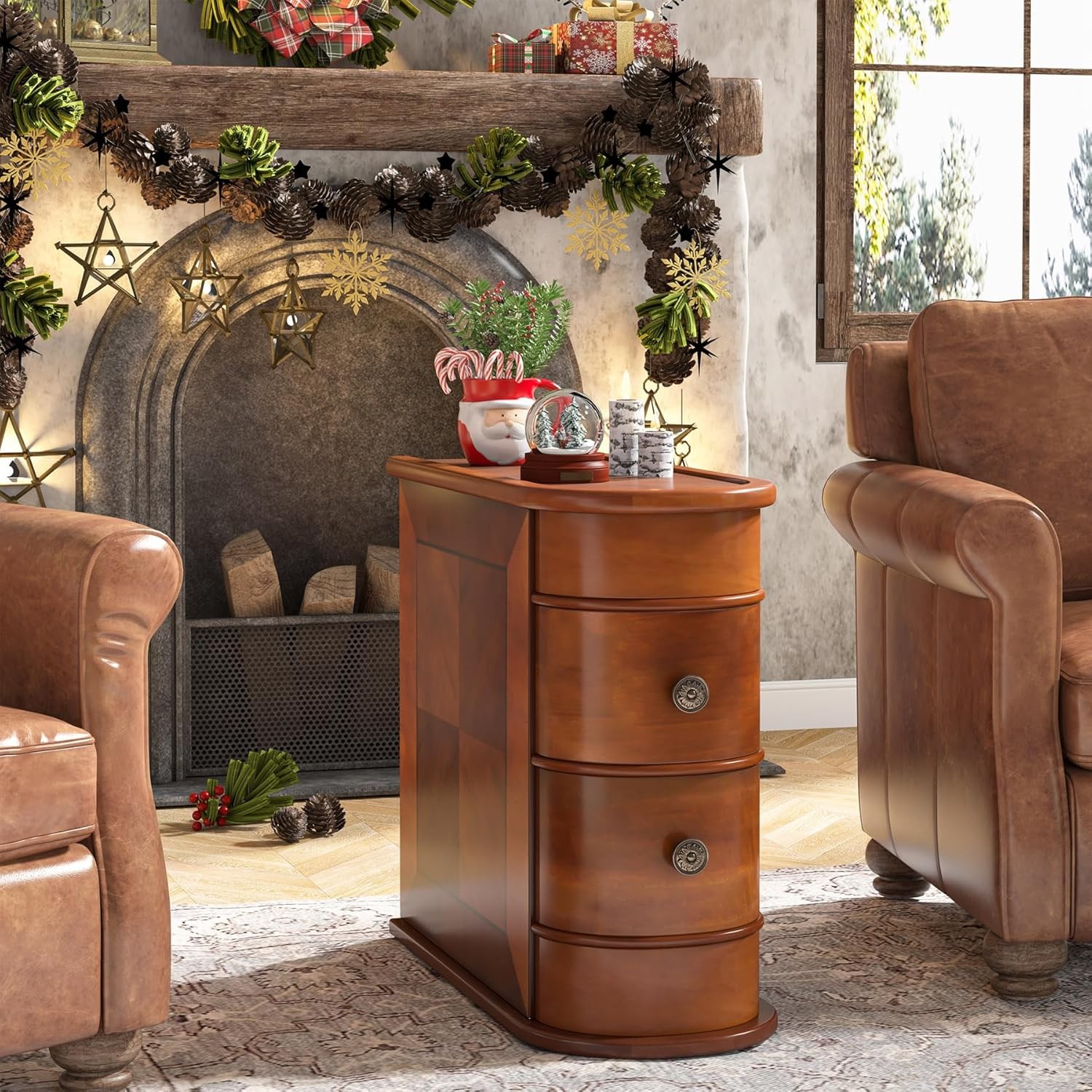 Wood End Table with 2 Drawers, Sofa Side Table with Storage,No Assembly Required