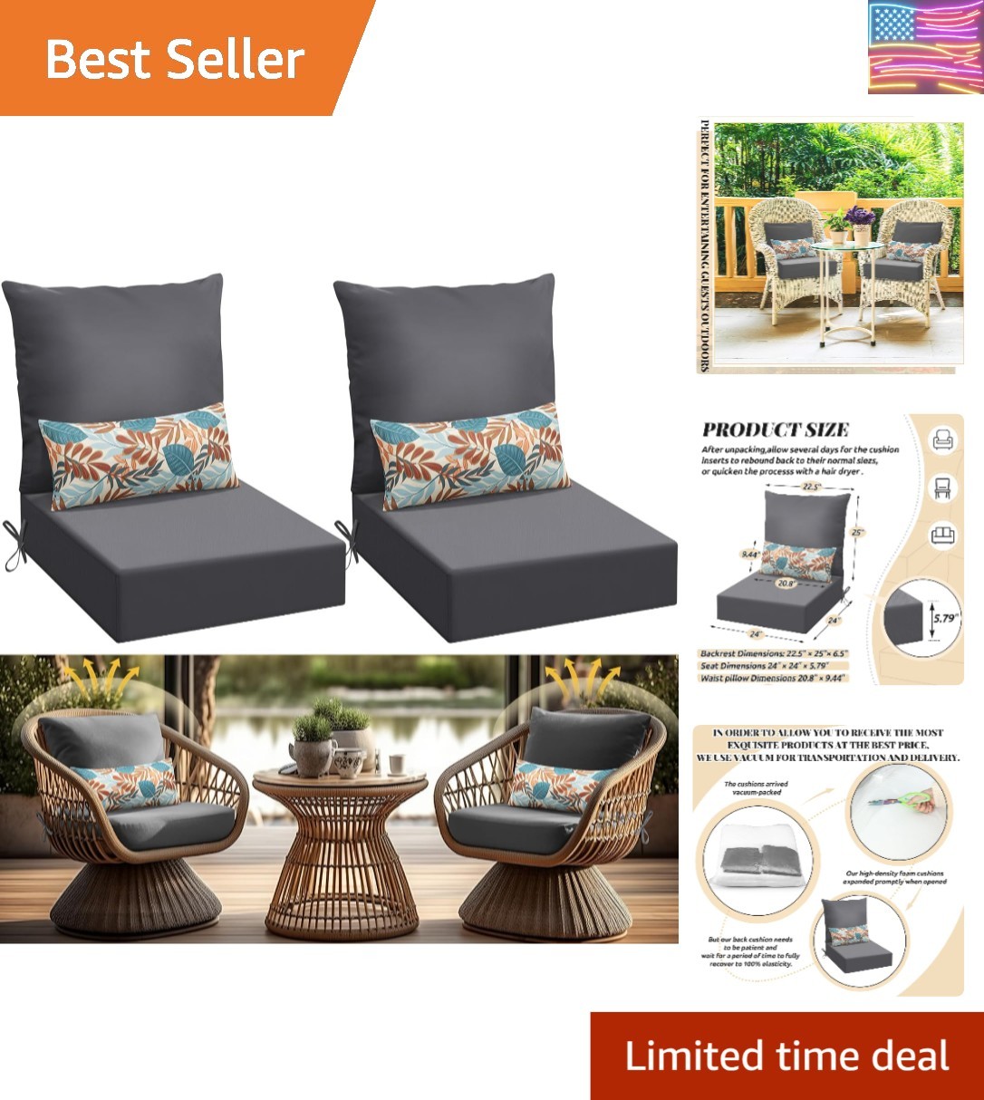 6 Pcs Outdoor Deep Seating Cushions Set 24″ x 24″ Patio Chair Cushions and Ba…