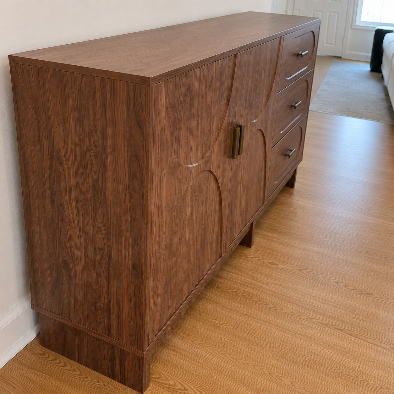 59in Walnut Buffet Sideboard Credenza 2 Door 3 Drawer Mid Century Modern Cabinet