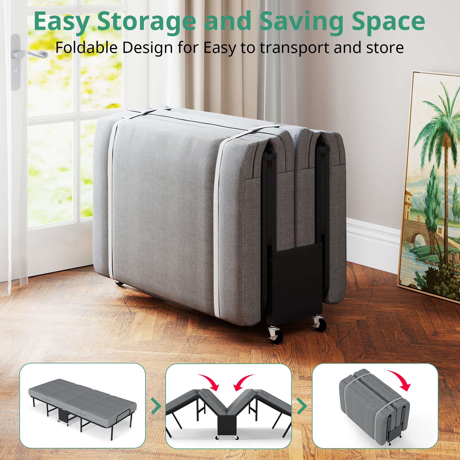 Portable Foldable Bed with Mattress Rollaway for Adults, 75” x 38″