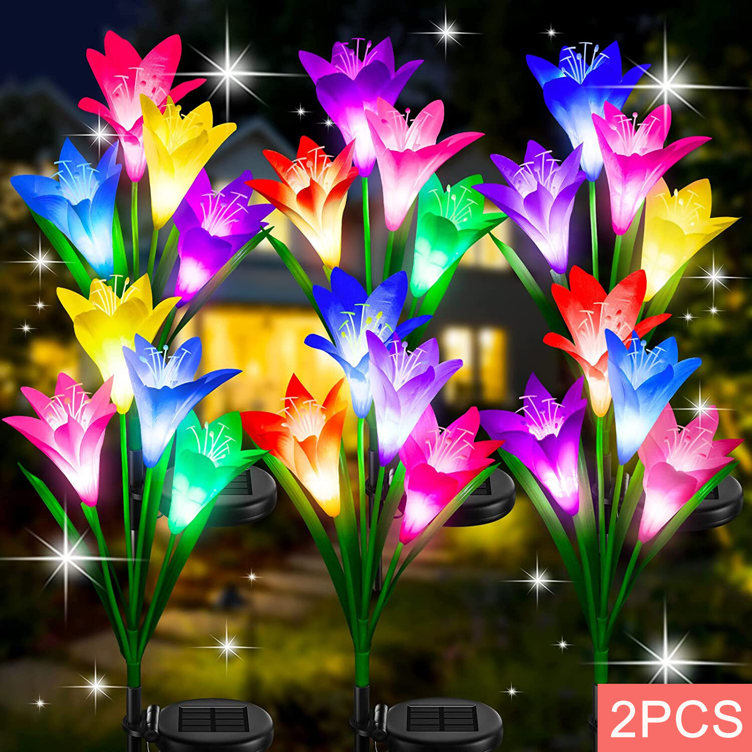 2Pcs Solar Lily Flower Lights Stake LED Color Changing Outdoor Garden Lamp Decor