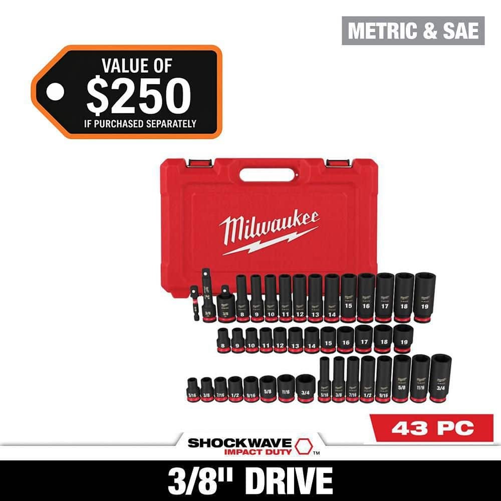 Milwaukee SHOCKWAVE 3/8 in. Drive SAE & Metric 6 Point Impact Socket Set (43-Pc)