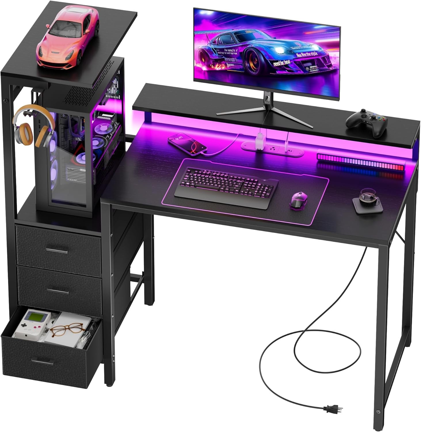 Gaming Computer Desk with Led Lights & Outlets, Gamer Desk with 3 Drawers