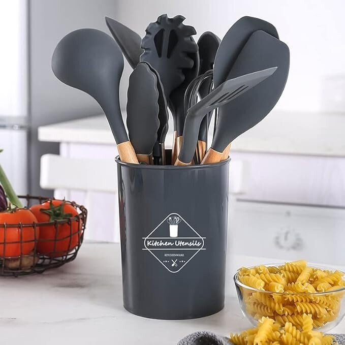 12-Pcs Kitchen Silicone Utensils Set with Heat Resist Wooden Handle Black