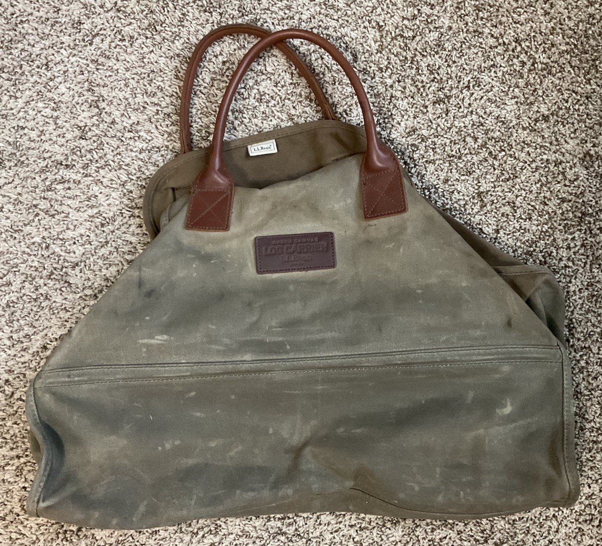 Vintage LL Bean Waxed Canvas w/ Leather Handles Firewood Log Carrier Tote