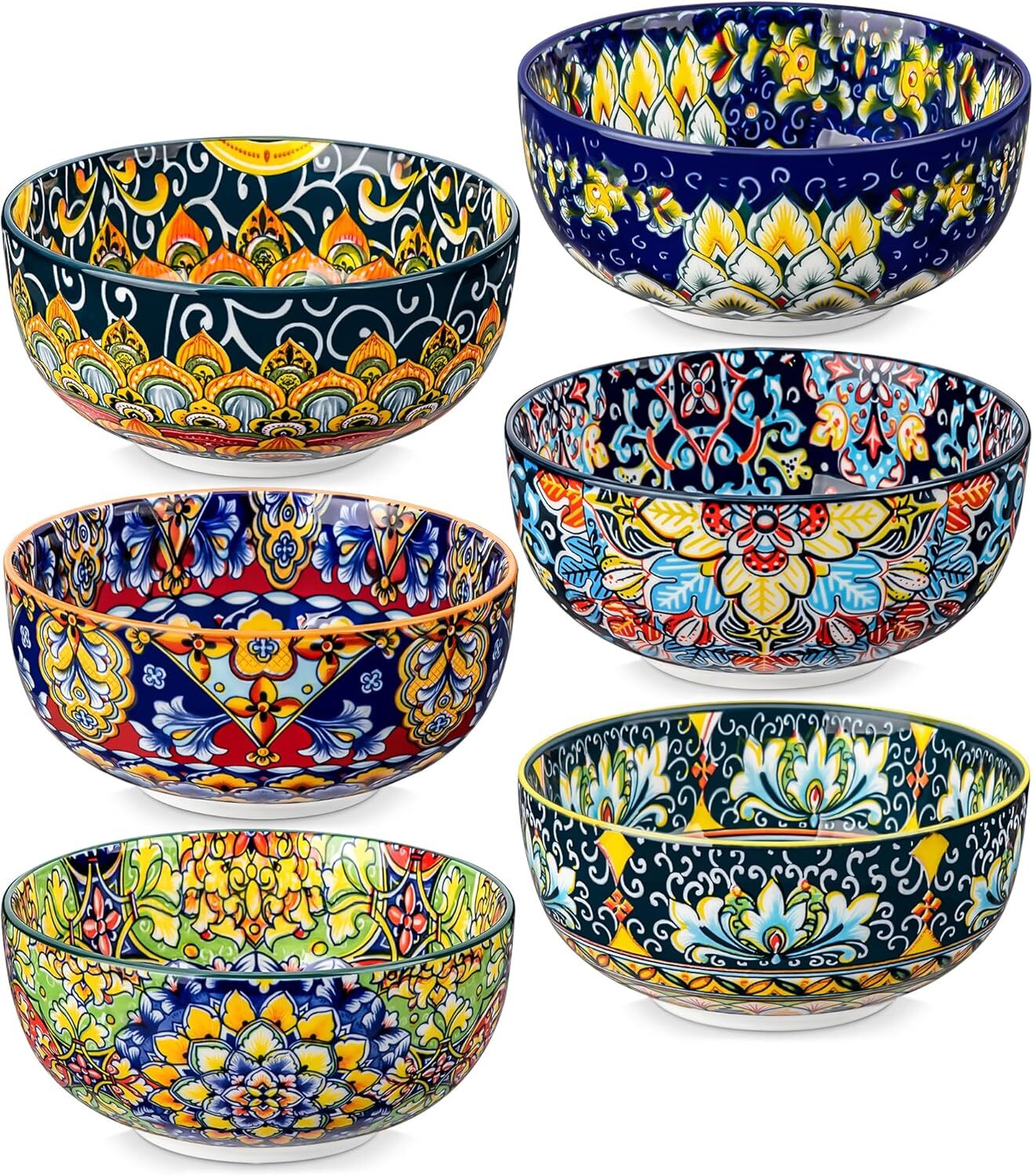 Cereal Bowls Set of 6, Bohemian Ceramic Soup Bowls, 28 oz Colorful Bowls Set