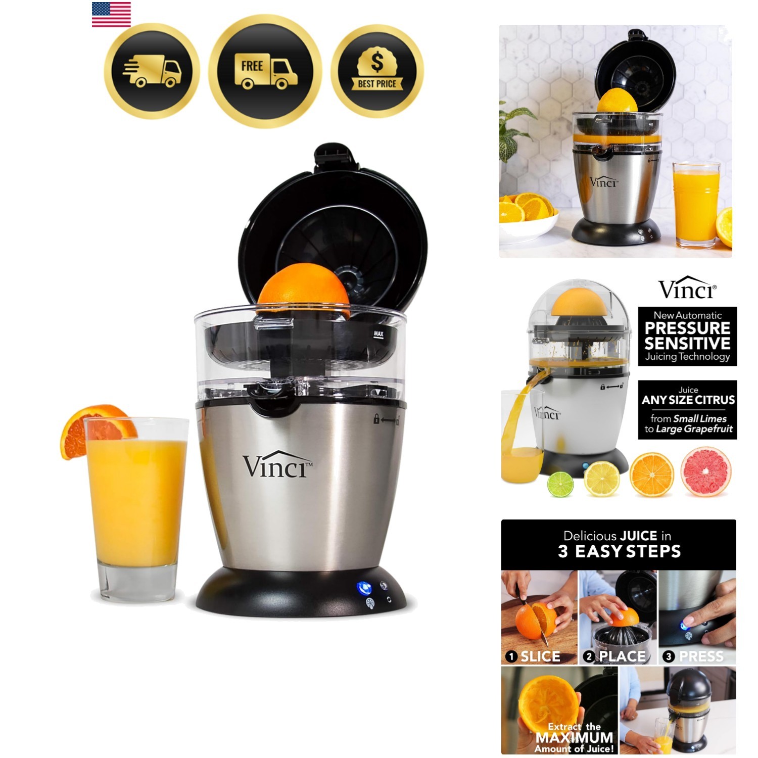 Electric Citrus Juicer Hand Free Automatic Orange Lemon Lime Grapefruit Squeezer