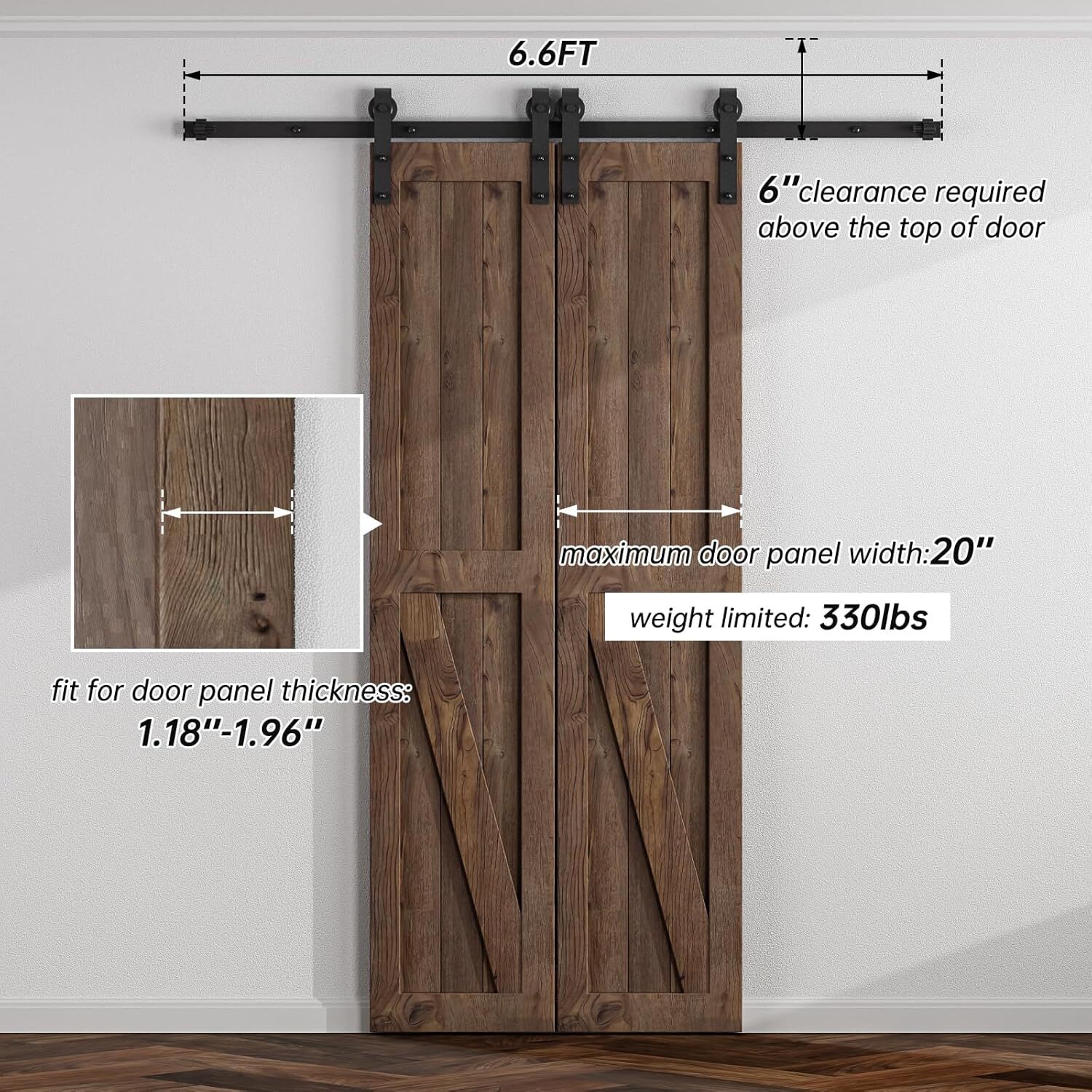 Sliding Barn Door Hardware Kit 4FT/5FT/6FT/6.6FT/7FT/8FT for Single/Double Doors