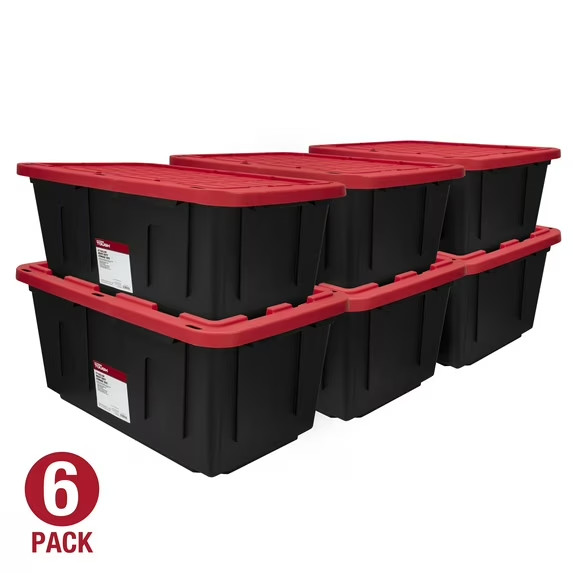 (6 pack) Hyper Tough 27 Gallon Large Storage Bin with Snap Lid, Black and Red, H