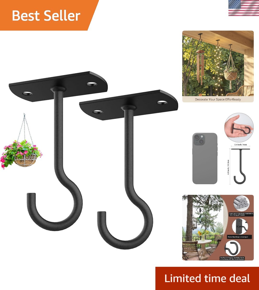 Versatile 4in Black Ceiling Hooks – Perfect for Plants, Lanterns & Décor, 2 Pack