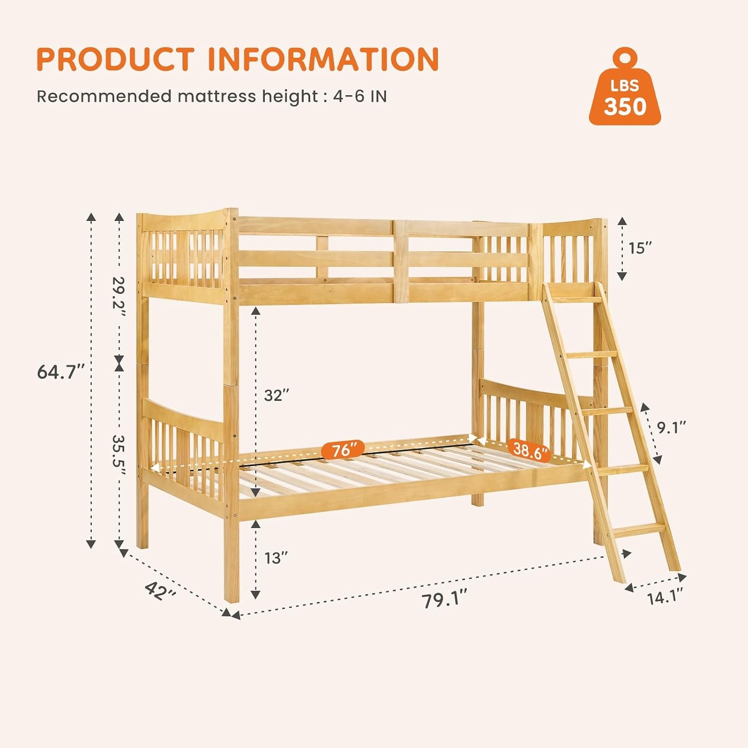 Loft Bunk Bed Twin Over Twin Solid Wood Frame with Slats Bunk Beds with Ladder