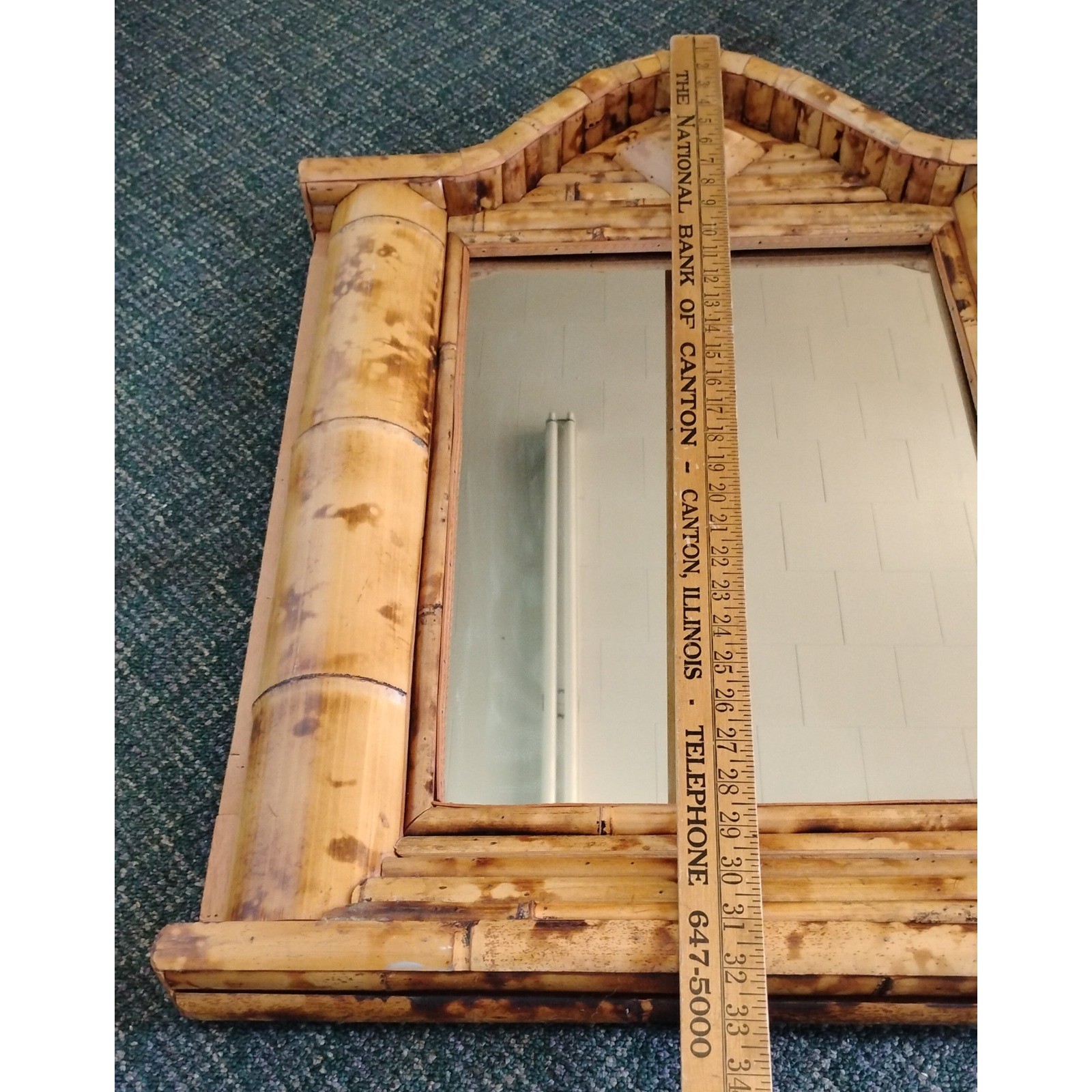Burnt Split Bamboo Wall Mirror Pediment Top Boho 32×25 Tiki 60s Unique Large