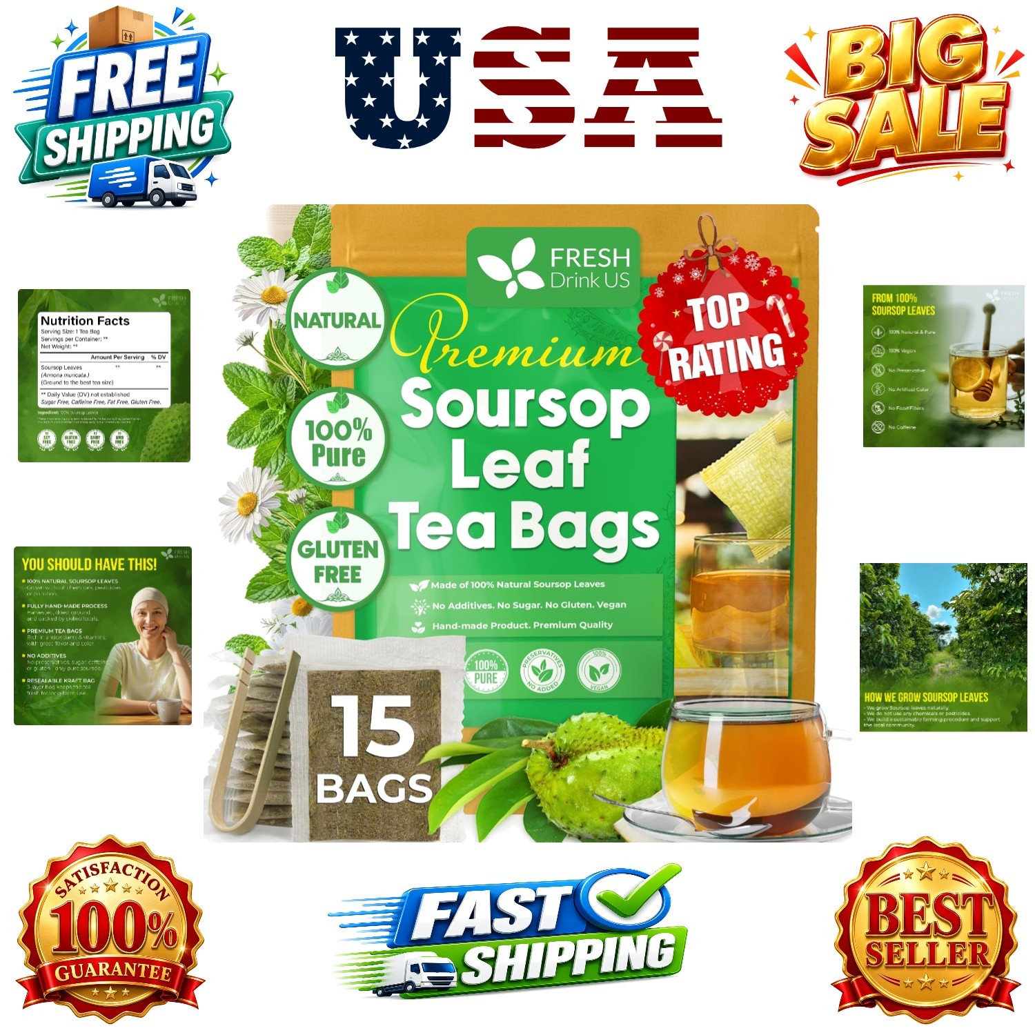 15 Soursop Graviola Leaf Tea Bags, 100% Natural and Pure from Soursop Leaves…