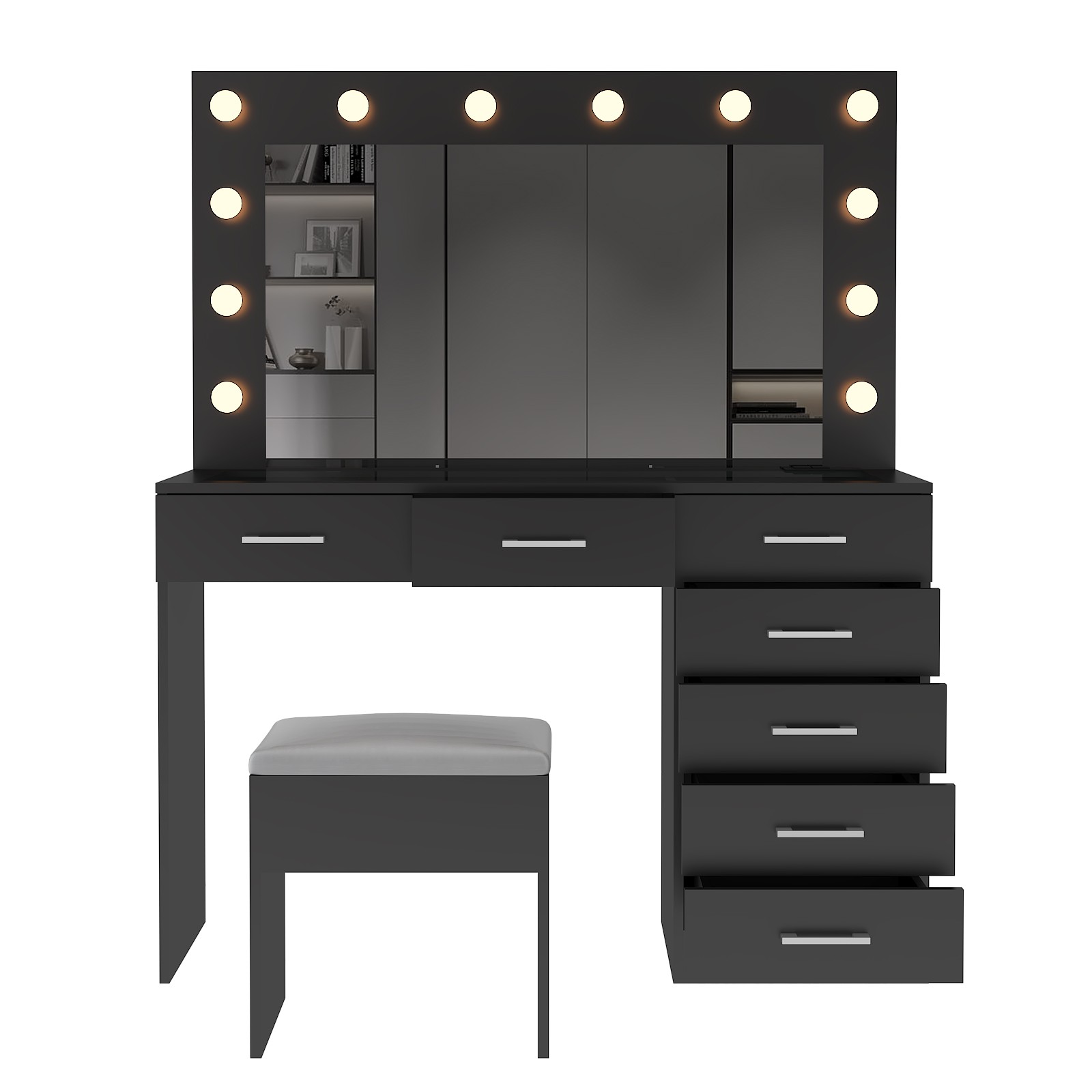 Large Vanity Set Makeup Desk Dressing Dresser Table 7 Drawer with 12 LED Lights