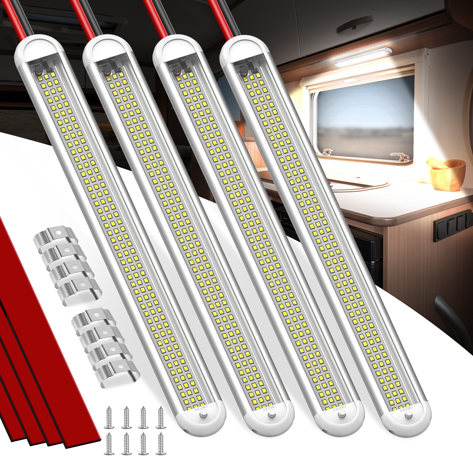4Pcs 12V Interior LED Light Bar 120LED 2800LM Strip Lights 6000K ON/Off Switch