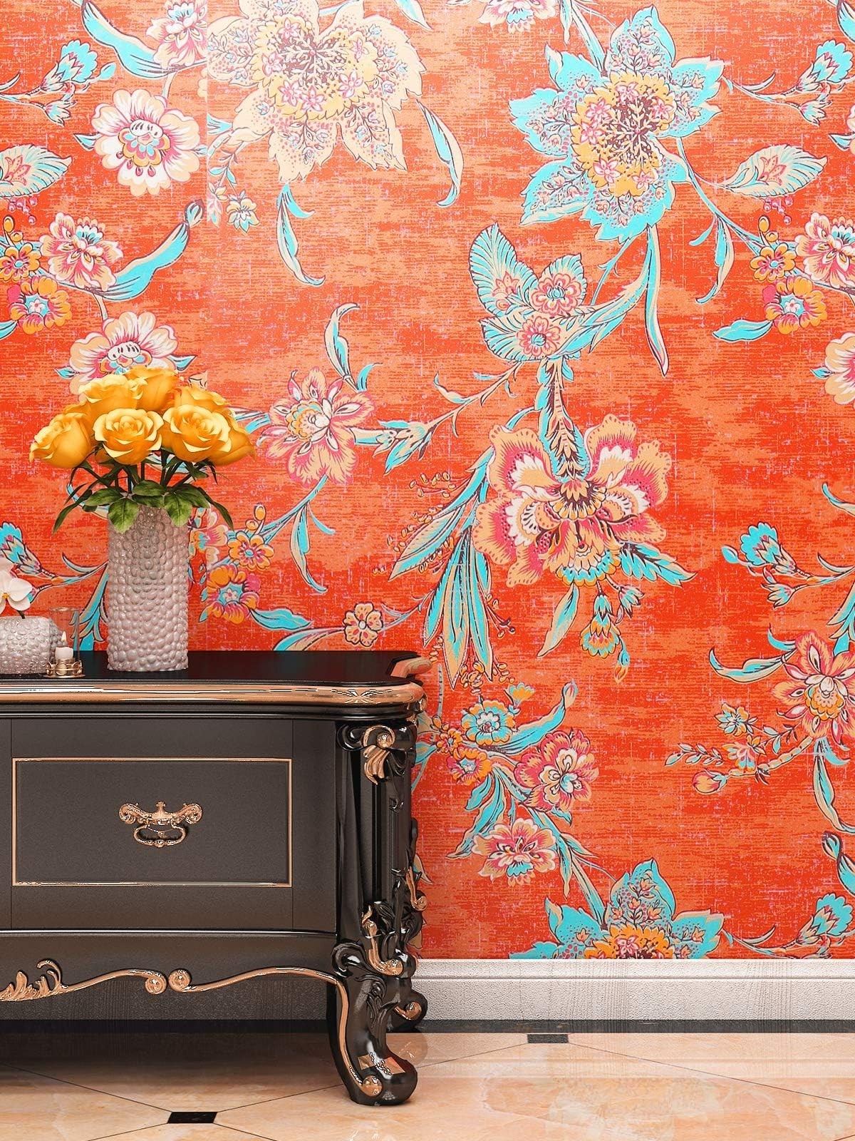 FunStick 17.5×354 Floral Wallpaper Peel And Stick Vintage Burnt Orange