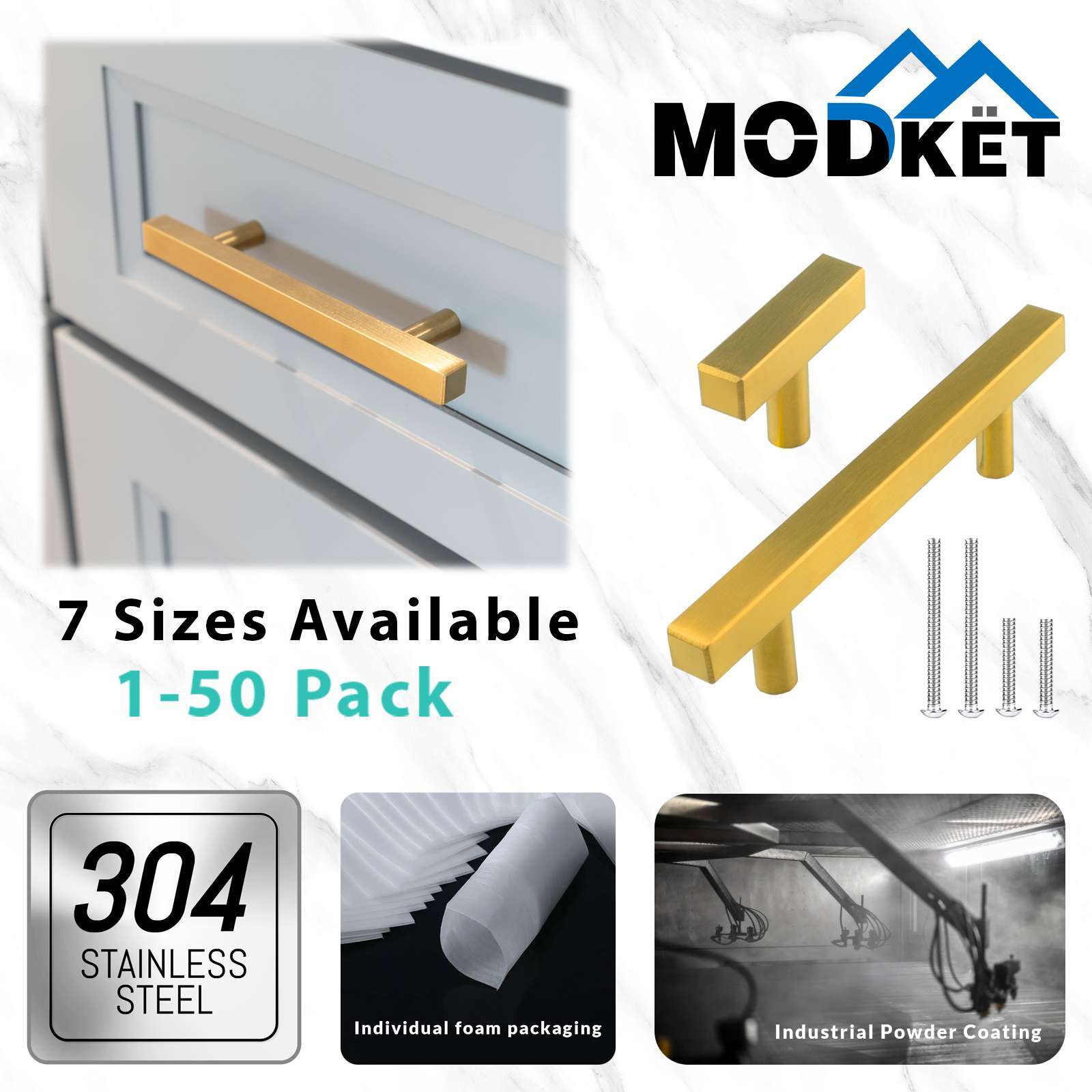 Brushed Gold Modern Square Cabinet Handles Pulls Knobs Kitchen Bathroom Hardware