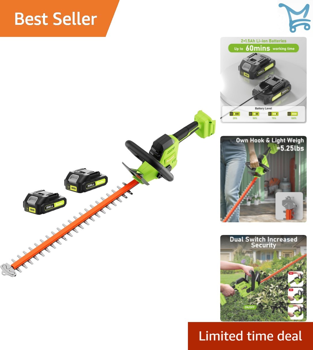 20V Max Cordless Hedge Trimmer 22-Inch Dual Action Blade Battery Included