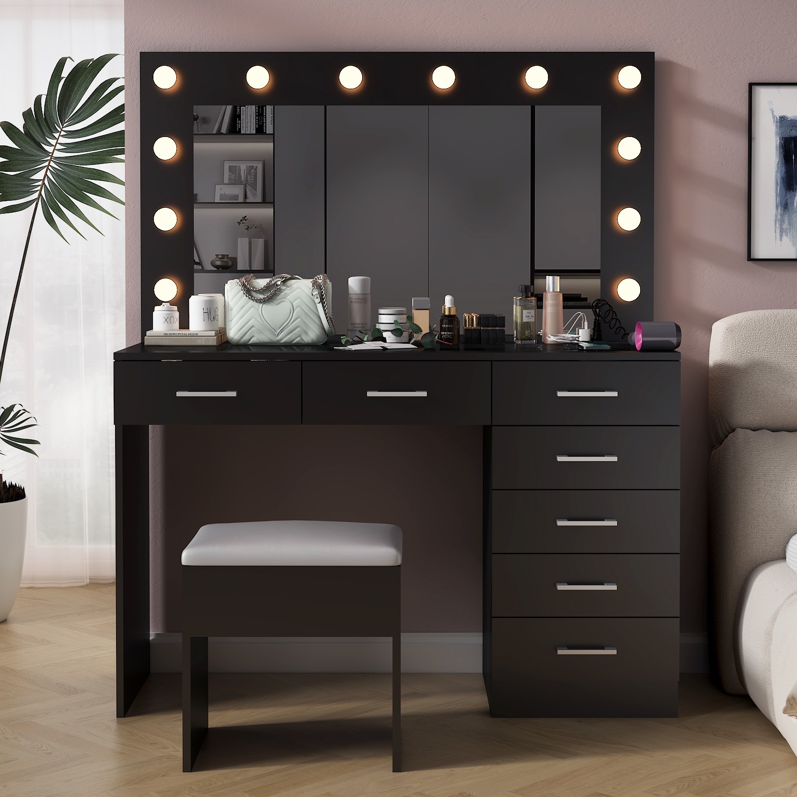 Large Vanity Set Makeup Desk Dressing Dresser Table 7 Drawer with 12 LED Lights