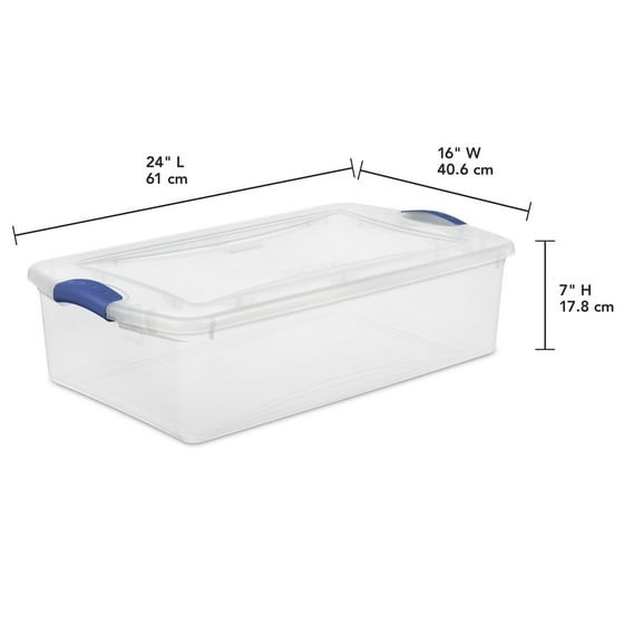 Sterilite 32 Quart Latch Box, Clear Plastic Storage Bin with Lid, Blue Latch