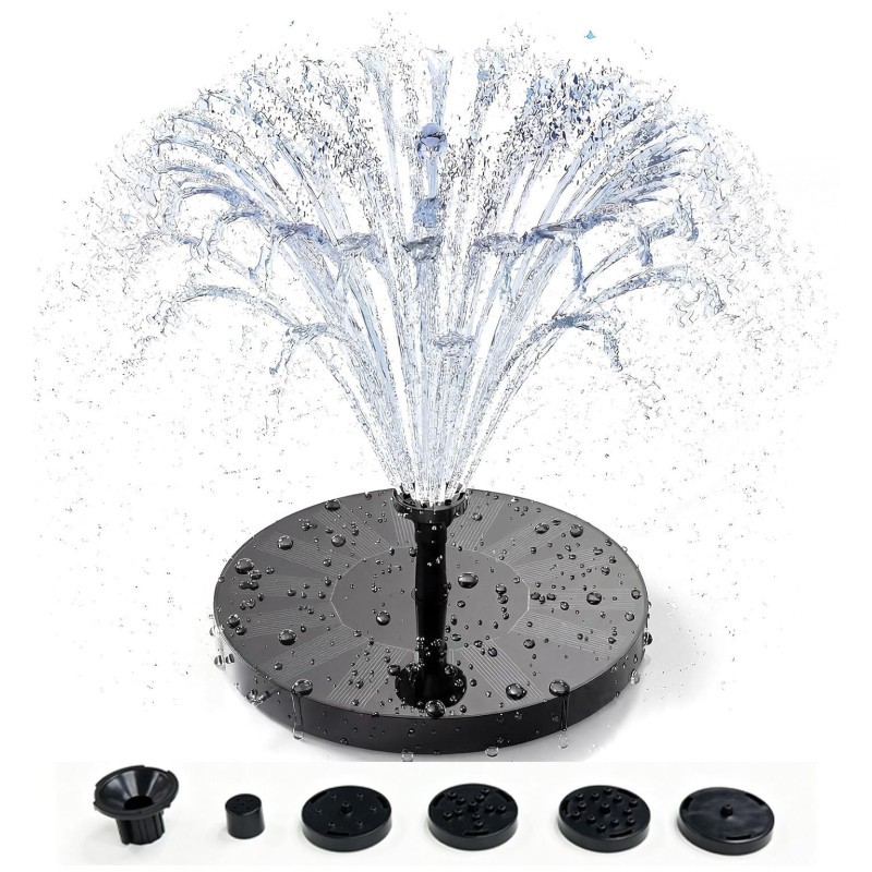 Solar Power Bird Bath Fountain Pump Upgrade 1.4W Solar Fountain W/6 Nozzle Black