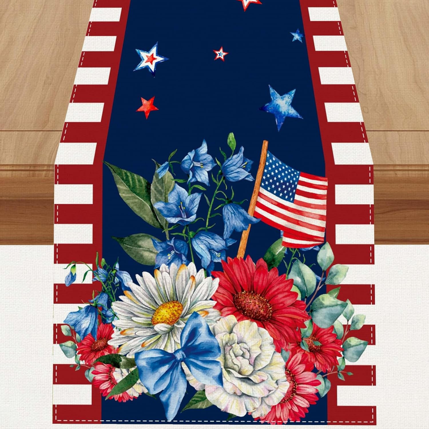 Linen Patriotic Table Runner 72 – Red White Blue Stars for 4th of July Decor
