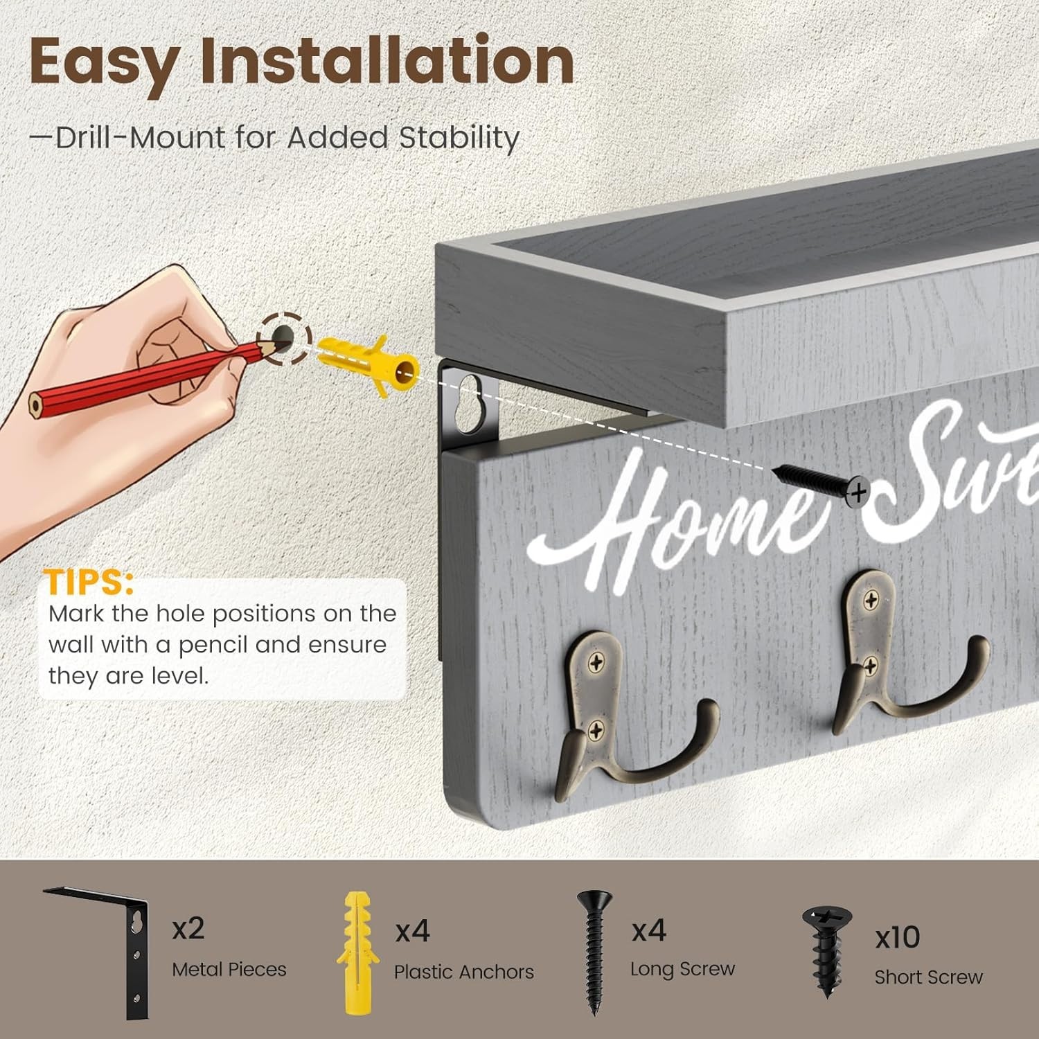 Key Holder Wall Mount with 4 Double Hooks-Solid Wood Wall-Mounted Organizer for