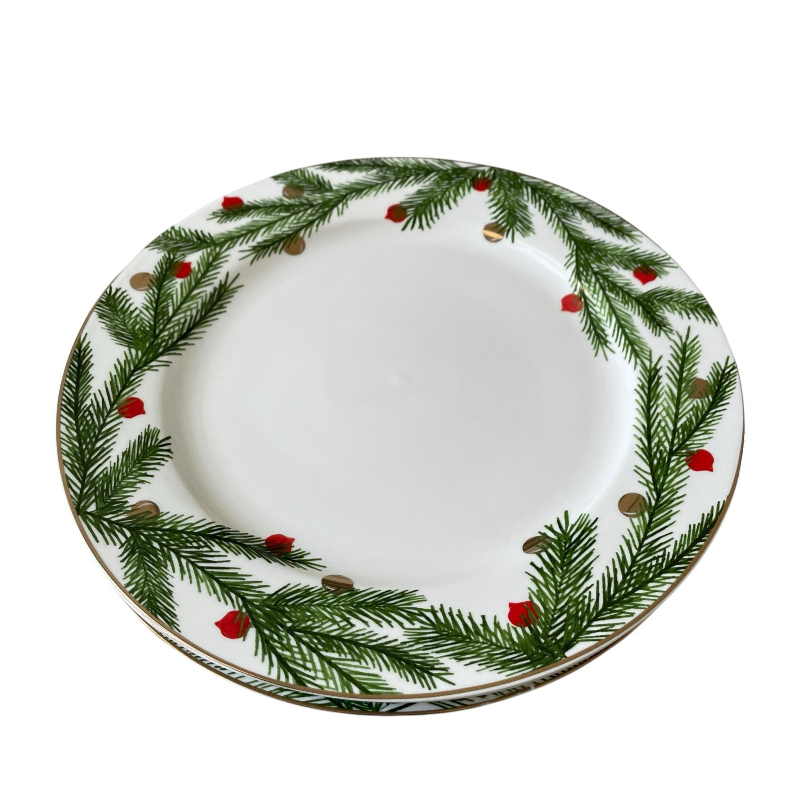 NEIMAN MARCUS Christmas Pine Dinner Plates 12.6in Holiday Green White Set 4 New