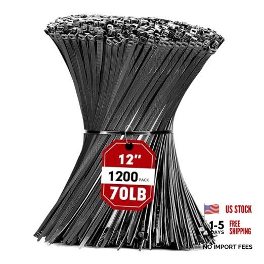 Zip Ties, 1200pcs Black Cable Zip Ties 12 Inch, Heavy Duty Wideth 0.2″ 70LBS