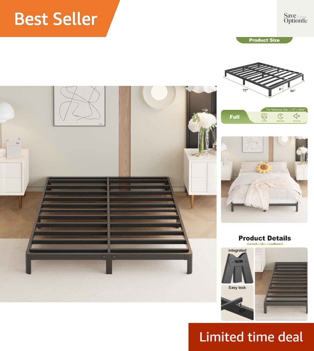 9 Inch Full Bed Frame with Rounded Corner Legs, Heavy Duty Full Size Metal Pl…