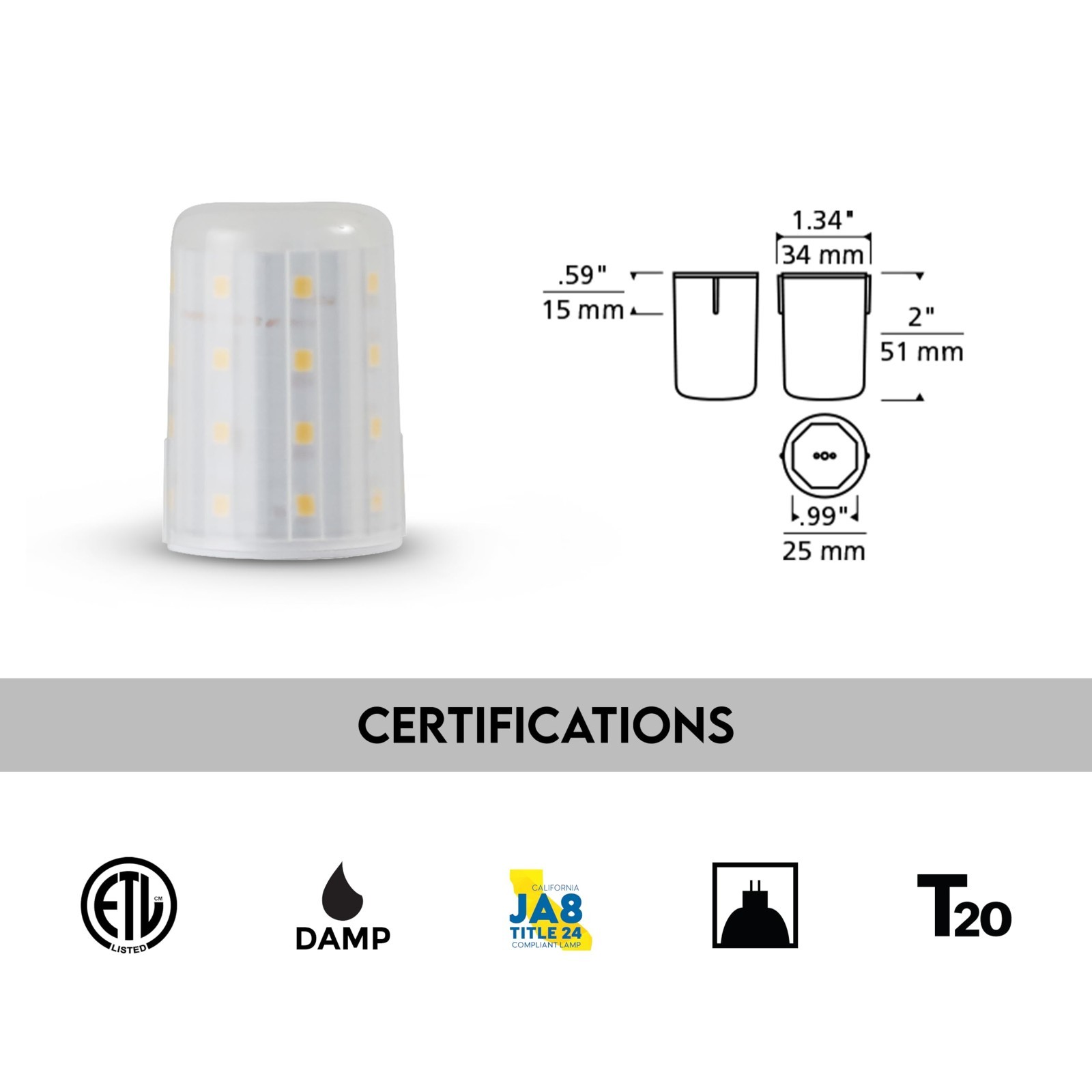 Tech Lighting LED Bi-Pin Module 3000K 550lm Dimmable GY 6.35 Short