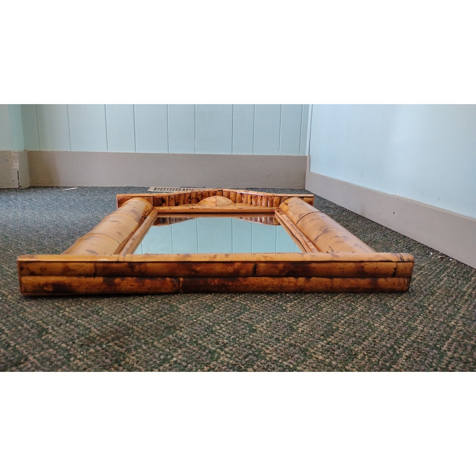Burnt Split Bamboo Wall Mirror Pediment Top Boho 32×25 Tiki 60s Unique Large