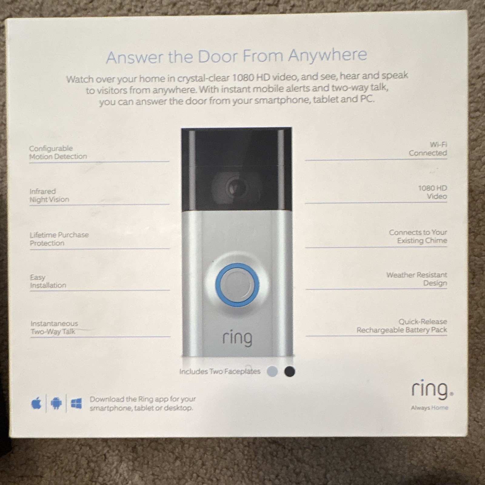 Ring Ring Video Doorbell 2 Wi-Fi Wireless 1080p HD Night Vision Motion Mic 160°