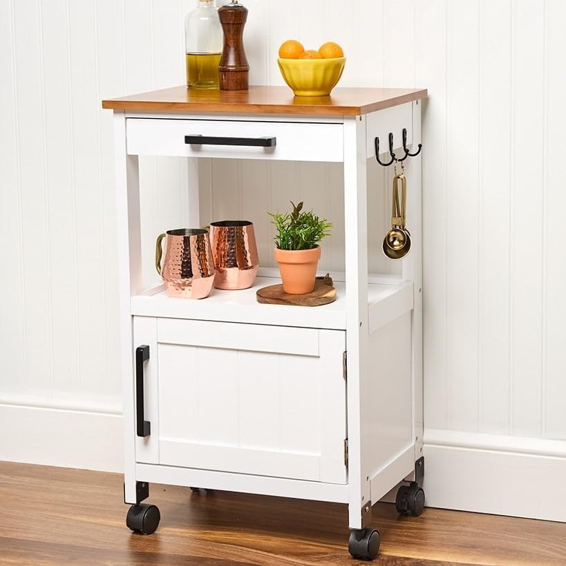 White Rolling Kitchen Island Cart w/Storage Shelf Microwave Cooking Coffee Bar..