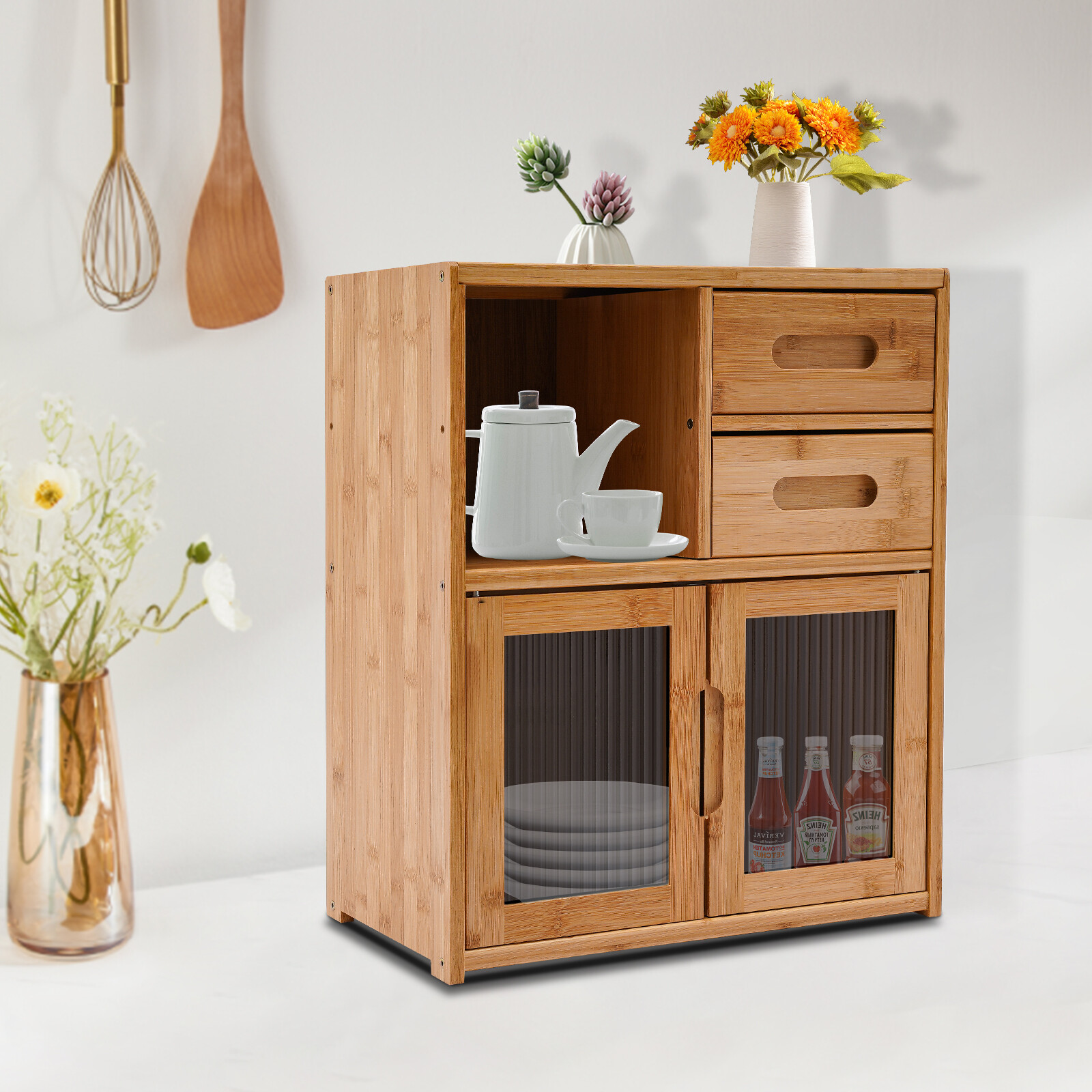 Bamboo Kitchen Countertop Cabinet Pantry Sideboard Storage Cabinet with Drawers