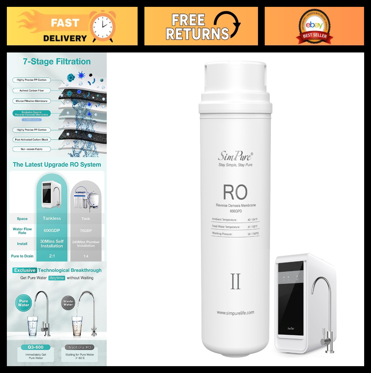 RO Filter Replacement Cartridge for Q3-600 Reverse Osmosis System – Not for Q6/Y