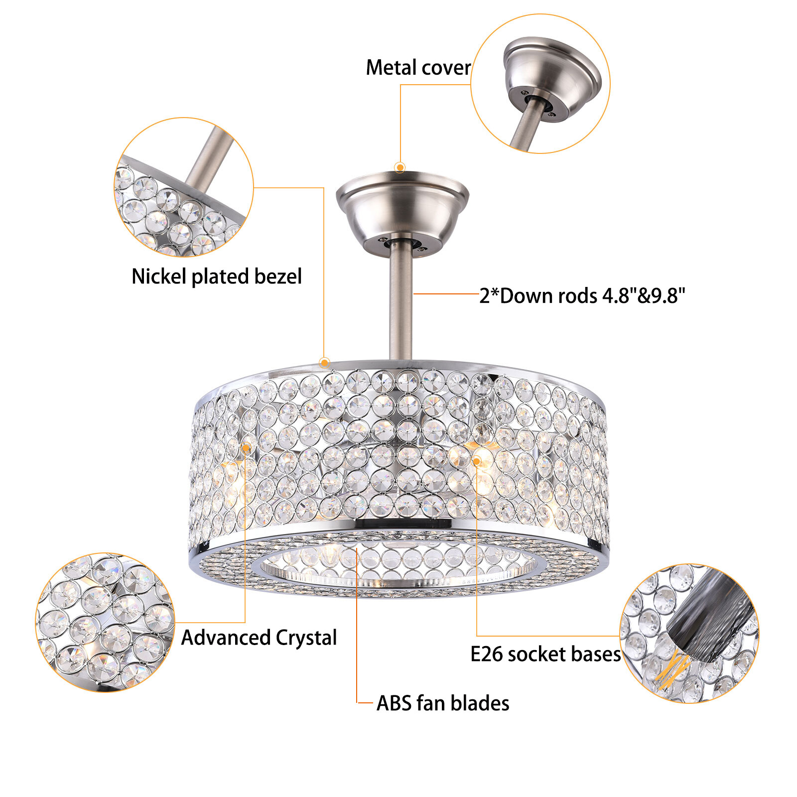 18″ Flush Mount Ceiling Fan Light Bladeless Crystal LED Chandelier Fan w/Remote