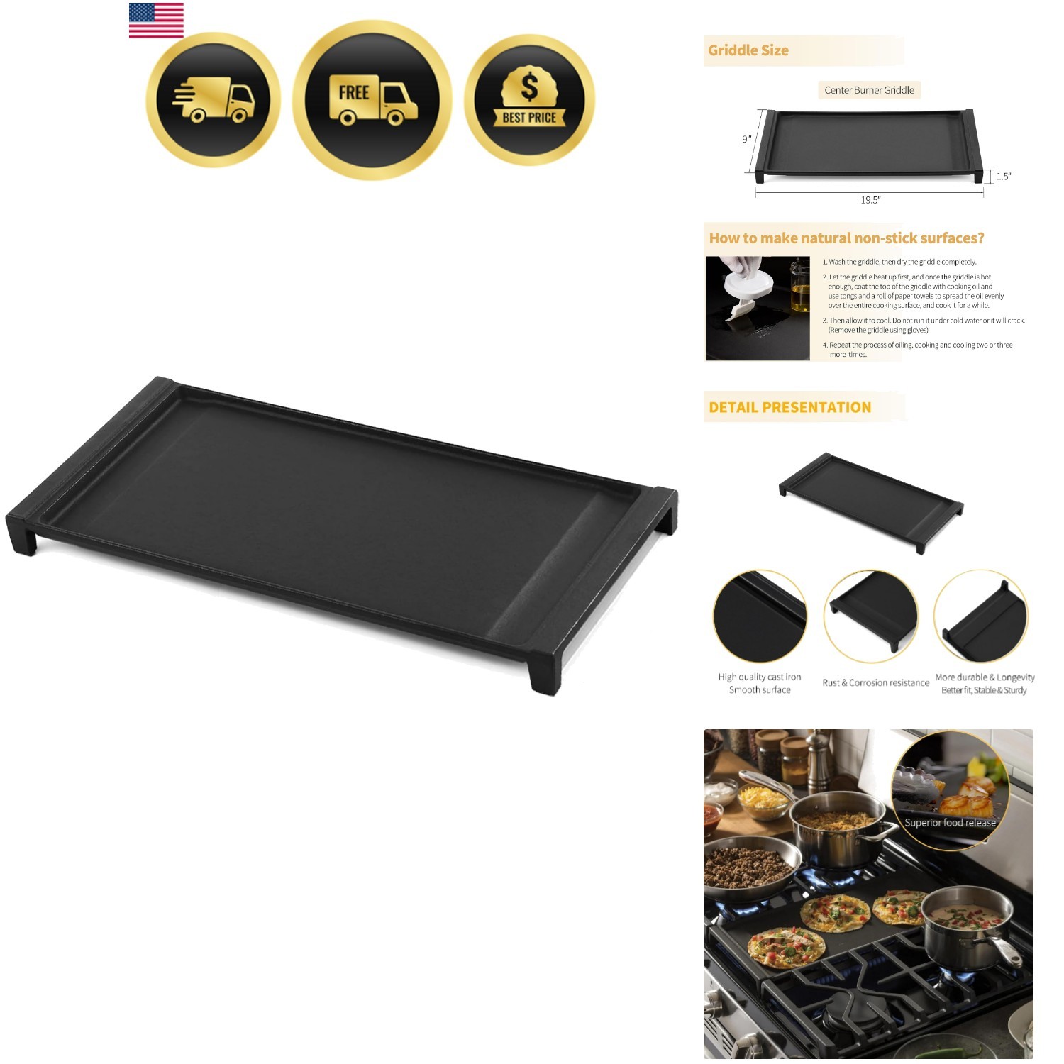 Cast Iron Griddle for Gas Stove Flat Top Pan Replacement Part 19.5 Inch