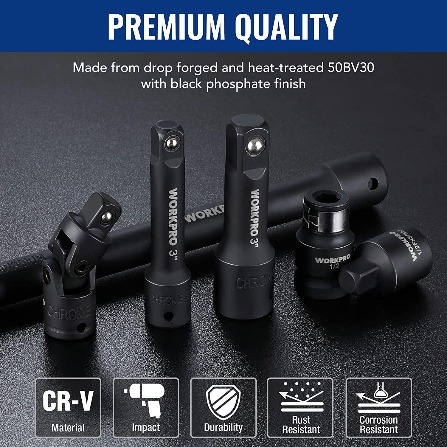 WORKPRO 18-PCS Drive Tool Accessory Set 1/4″&3/8″&1/2″ Socket Adapter Extensions