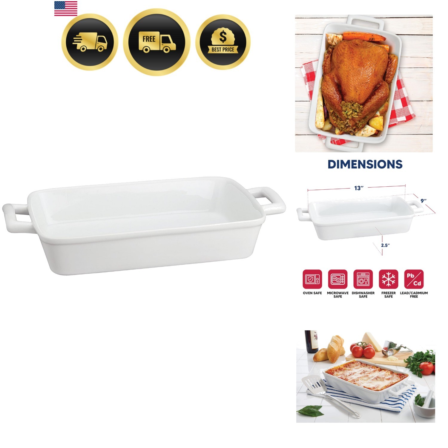 Rectangular Lasagna Pan with Handles, Fine White Porcelain, 13 x 9 x 2.5-Inches