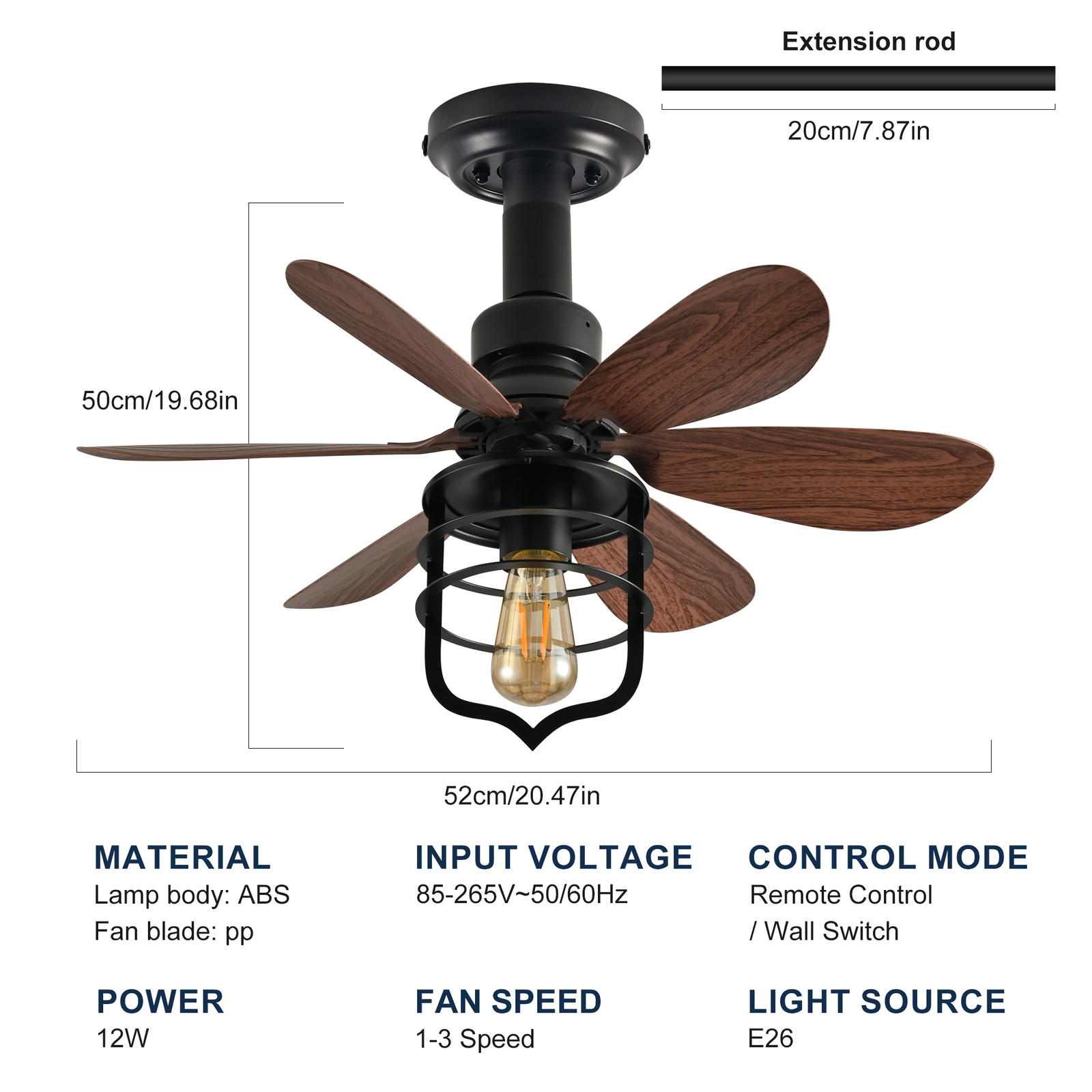 20IN Ceiling Fans with Lights, Socket Fan Light with Remote For Bedroom Kitchen