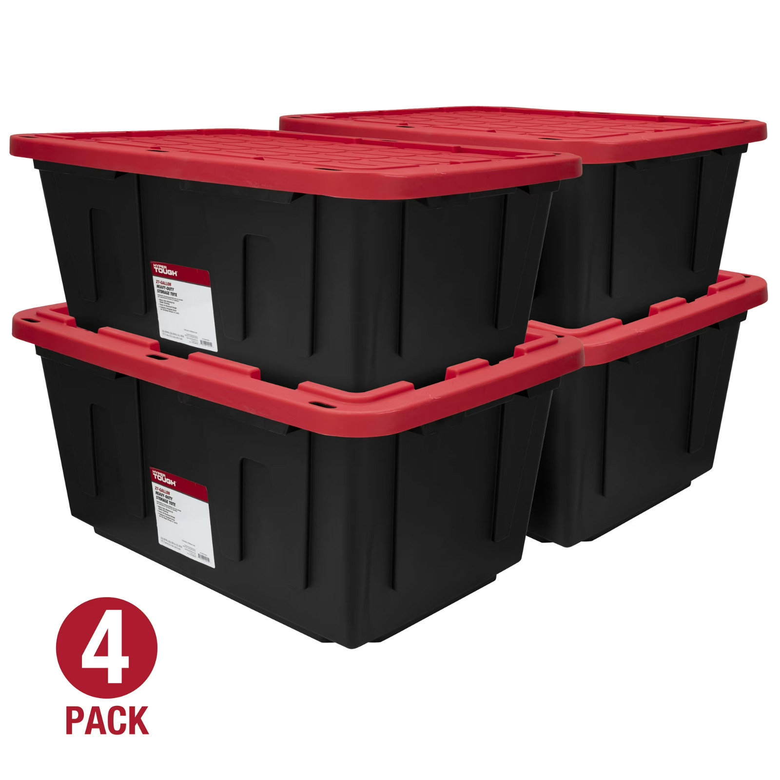 (Pack of 4) Hyper Tough 27 Gallon Large Storage Bin with Snap Lid, Black and Red