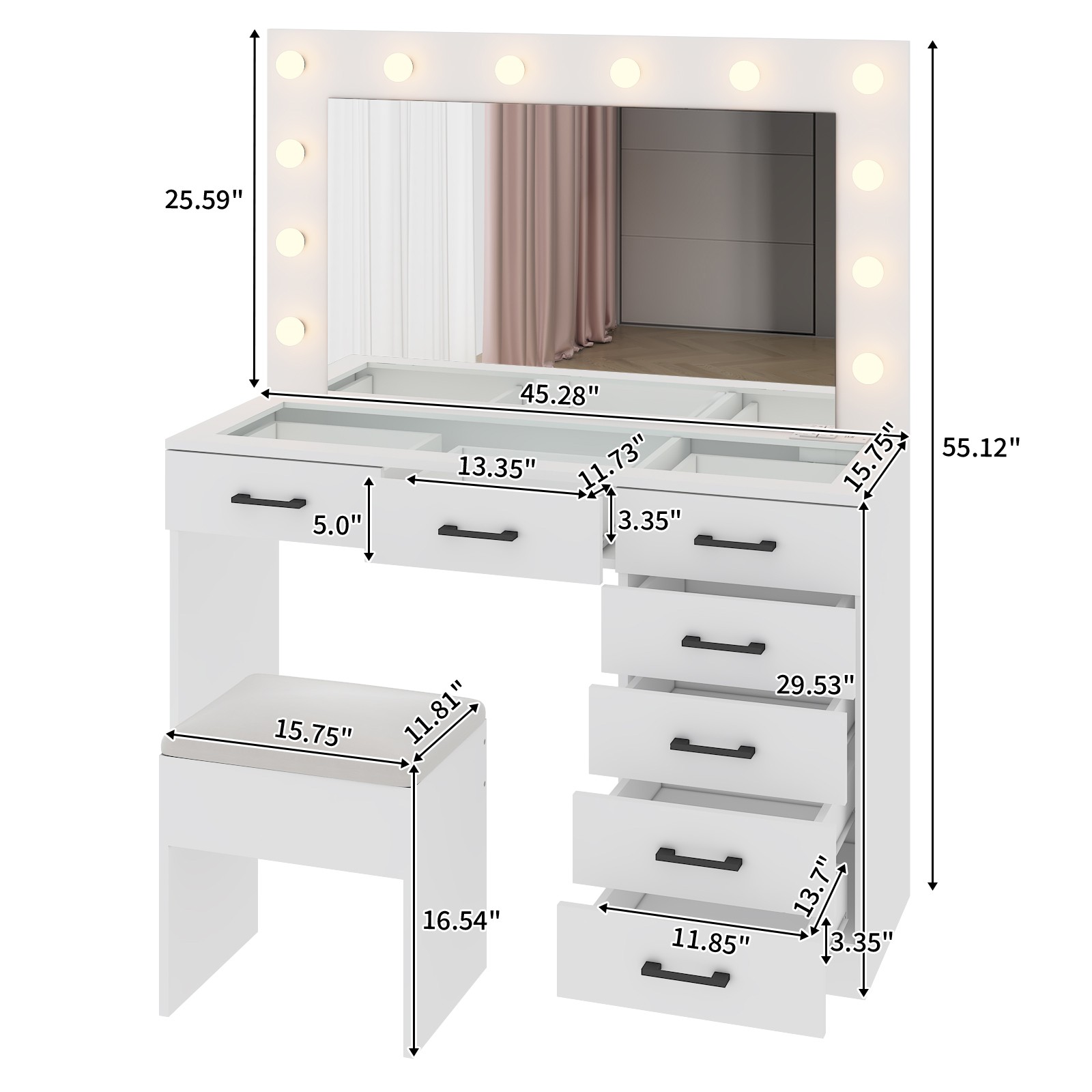 Large Vanity Set Makeup Desk Dressing Dresser Table 7 Drawer with 12 LED Lights