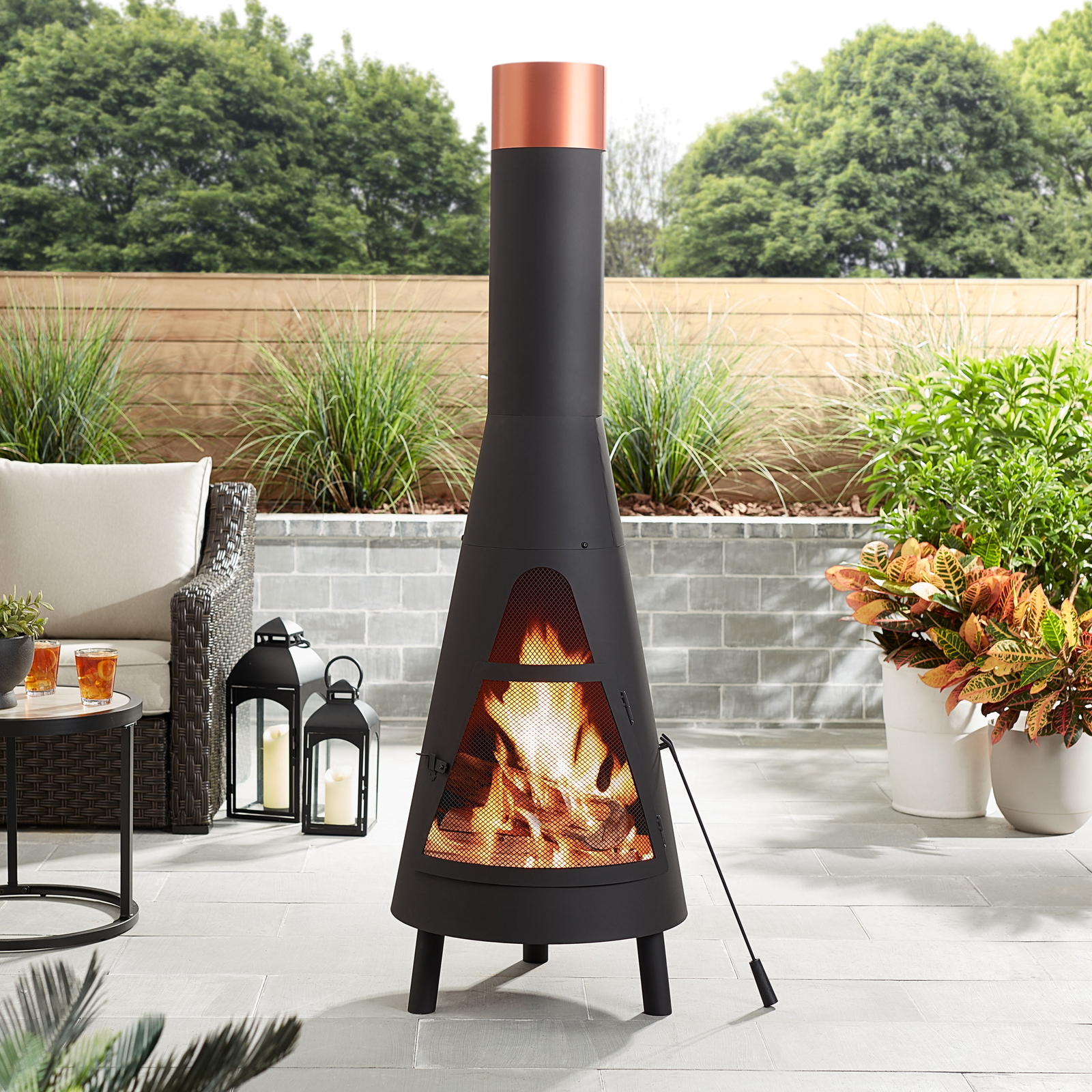 Stylish 67” Black Steel Wood Burning Chiminea for Outdoor Warmth