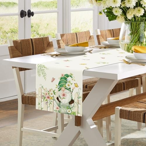 Spring Gnome Table Runner 13×72 Inch Flowers Leaves Gnome & Flower 13″W x 72″L