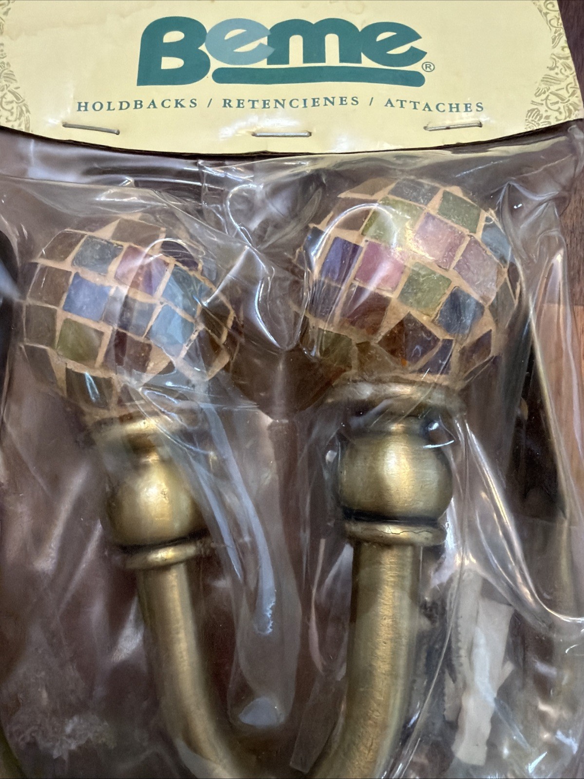 Beme Drapery Curtain Hold Backs Set 2 Antique Brass Mosaic Glass Finial NWT
