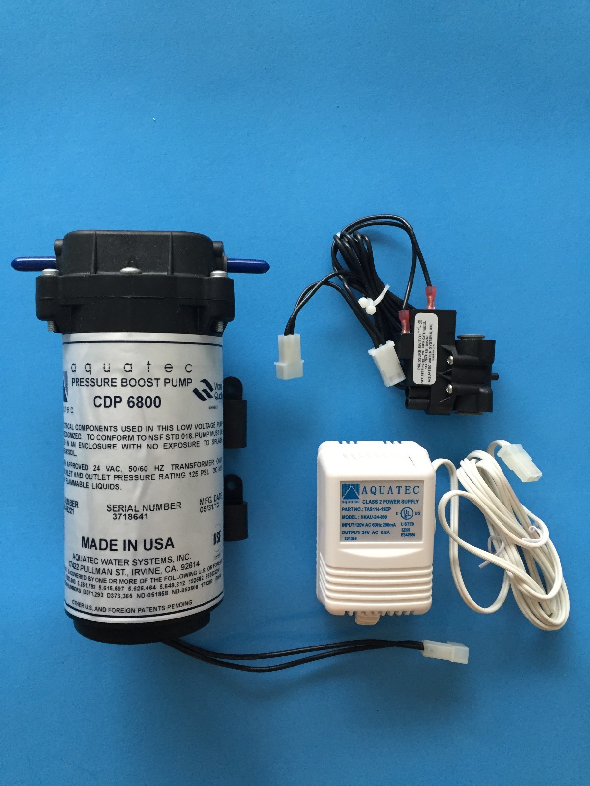 AQUATEC 6800 RO BOOSTER PUMP 6840-2J03-B221 + TRANSFORMER + 3/8″ PORT SWITCH
