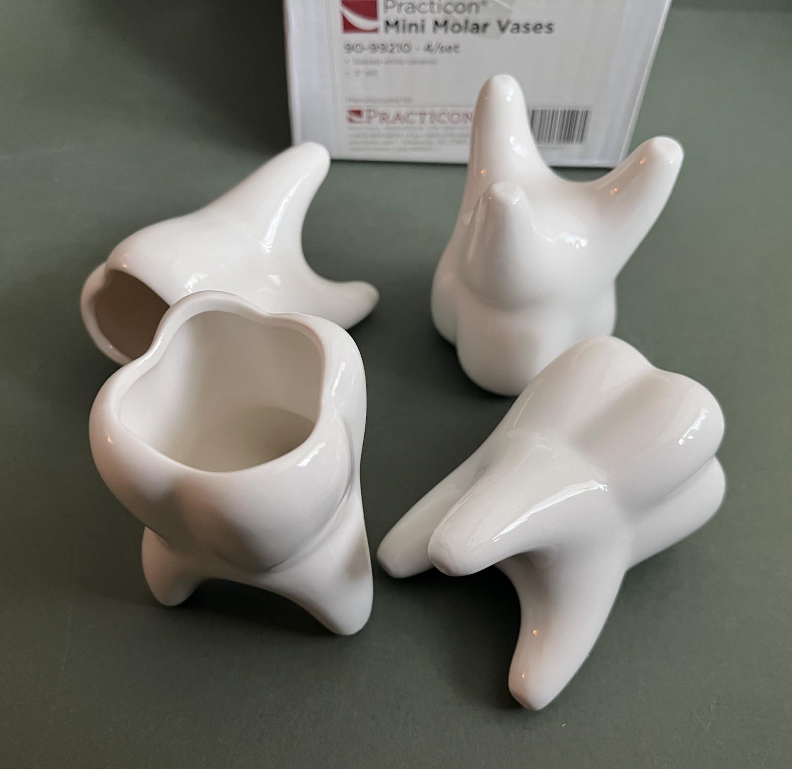 Set of 4 Practicon Mini Molar Vases Glazed White Ceramic 3” Tall 90-99210 NOSWB