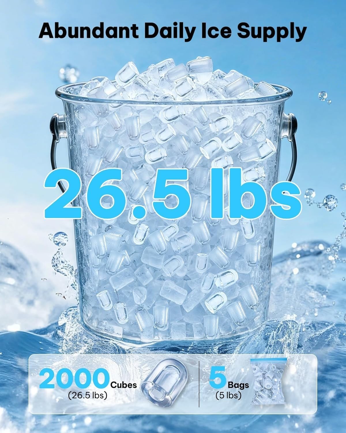 Compact Countertop Ice Maker: 8 Cubes/6 Min, 26.5 lbs Capacity, Portable & Clean